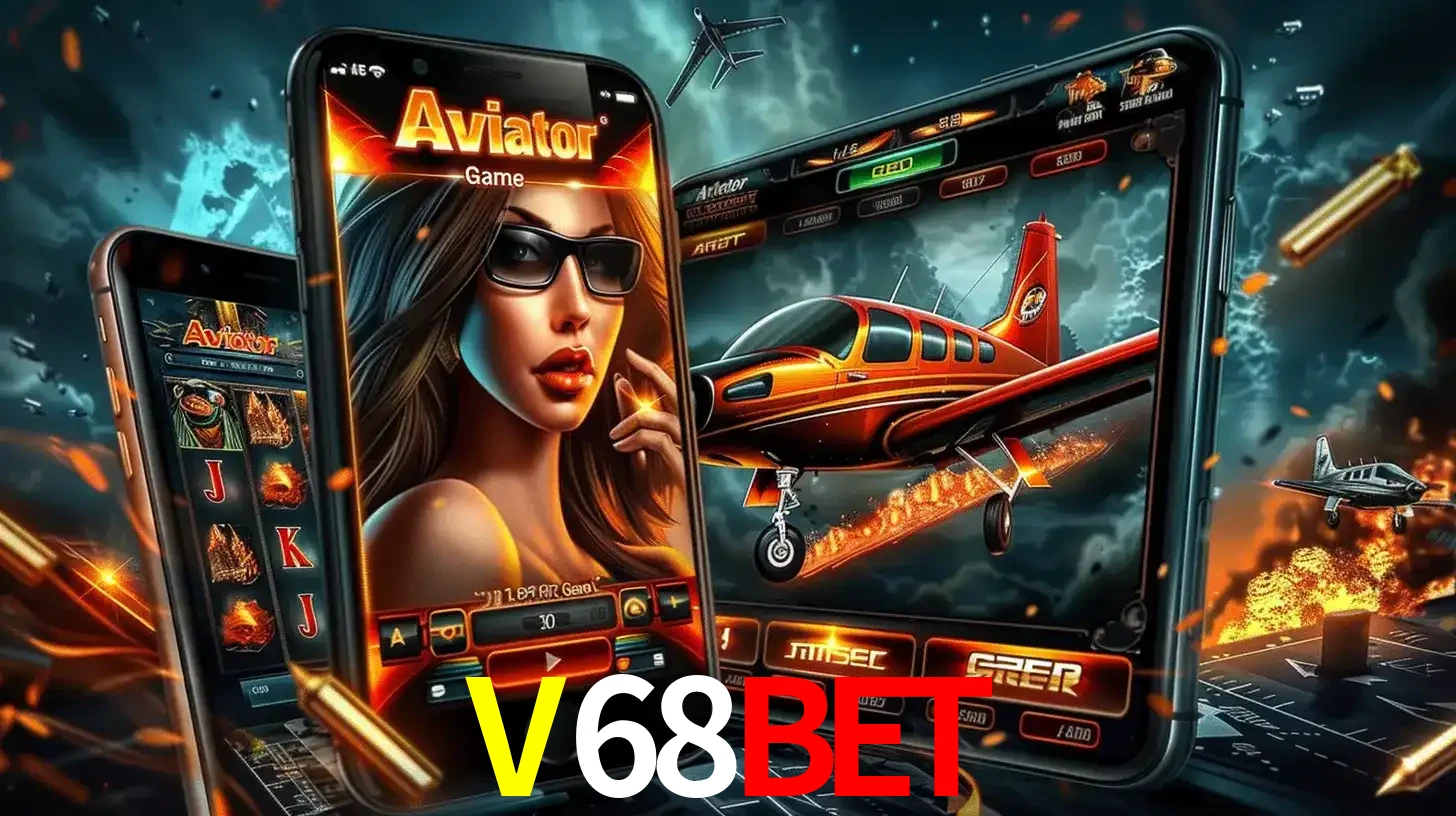 O popular jogo de apostas Aviator exibido em vários celulares e tablets, mostrando a interface emocionante e a ação de voo disponíveis para jogar agora no V68BET.