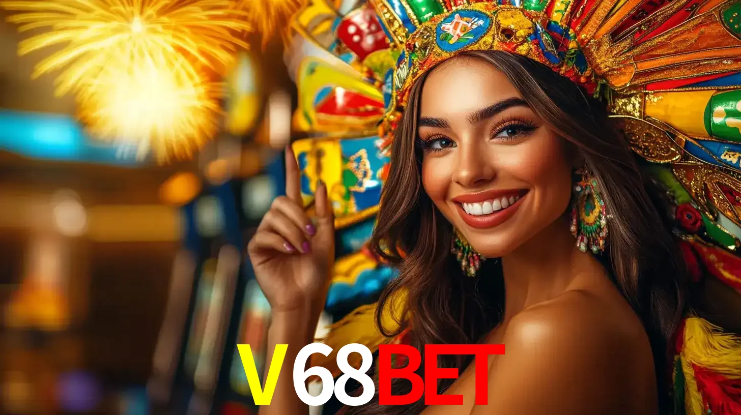 Mulher sorridente com um cocar de carnaval vibrante e colorido, celebrando uma grande vitória nos jogos do cassino V68BET com fogos de artifício ao fundo.
