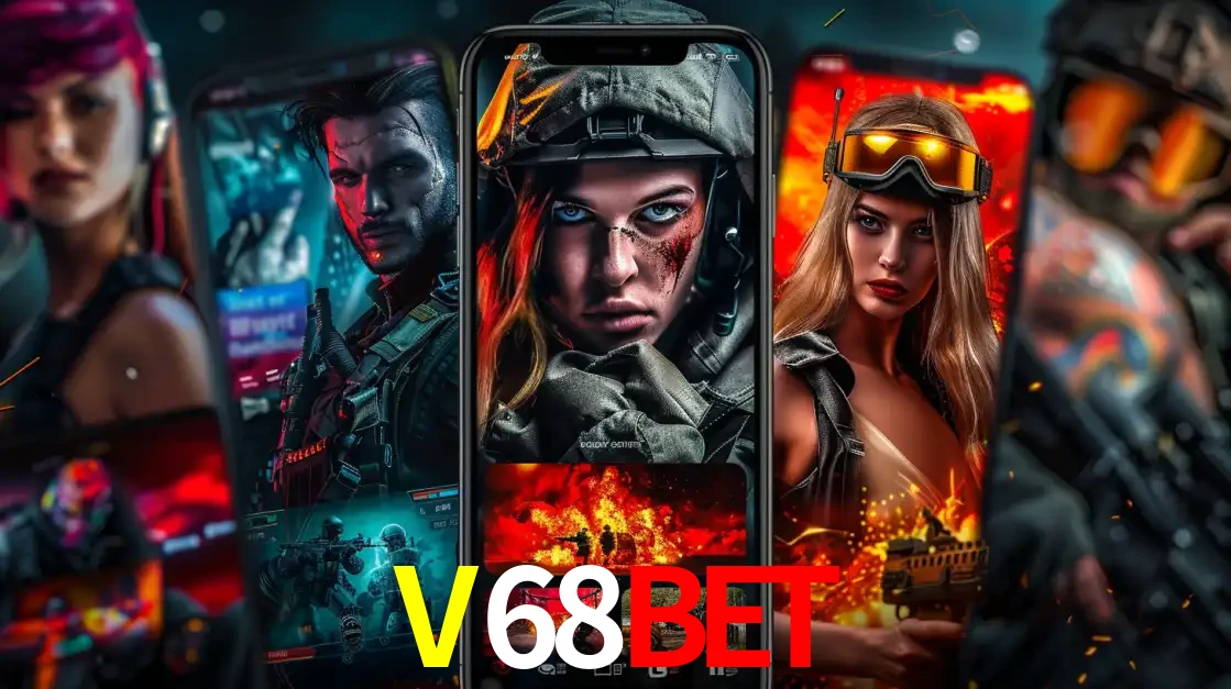 Montagem de telas de celular mostrando diversos personagens, masculinos e femininos, de um jogo de tiro, ilustrando a diversidade de equipes de e-sports para apostar no V68BET.
