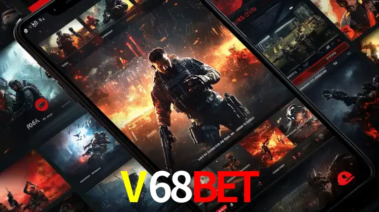 Tela de um celular exibindo uma galeria de jogos de tiro com temática militar, mostrando a variedade de e-sports disponíveis para apostas na plataforma de entretenimento V68BET.