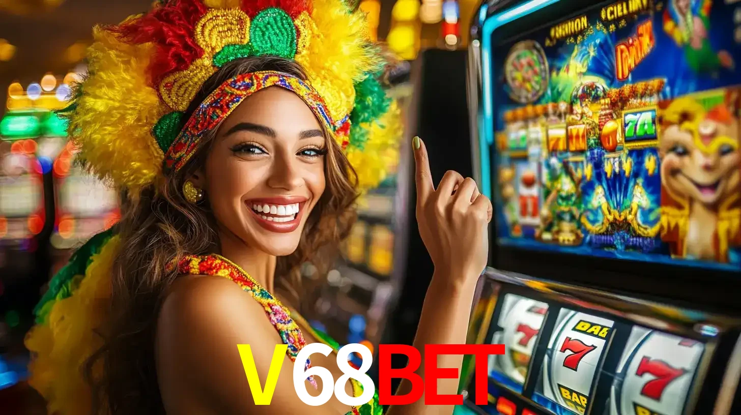 Mulher animada com um cocar de carnaval apontando para uma máquina de caça-níqueis, mostrando a emoção de ganhar um grande prêmio nos jogos do V68BET.