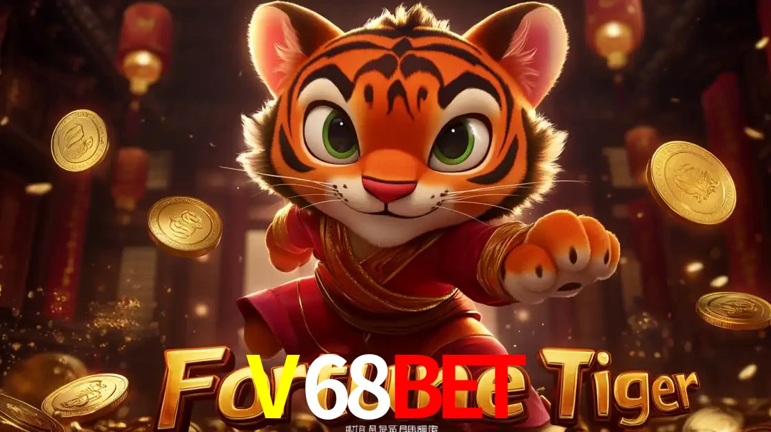 O carismático mascote do jogo de slot Fortune Tiger, um tigre fofo em pose de artes marciais, pronto para trazer sorte e multiplicadores de ganhos no cassino online V68BET.