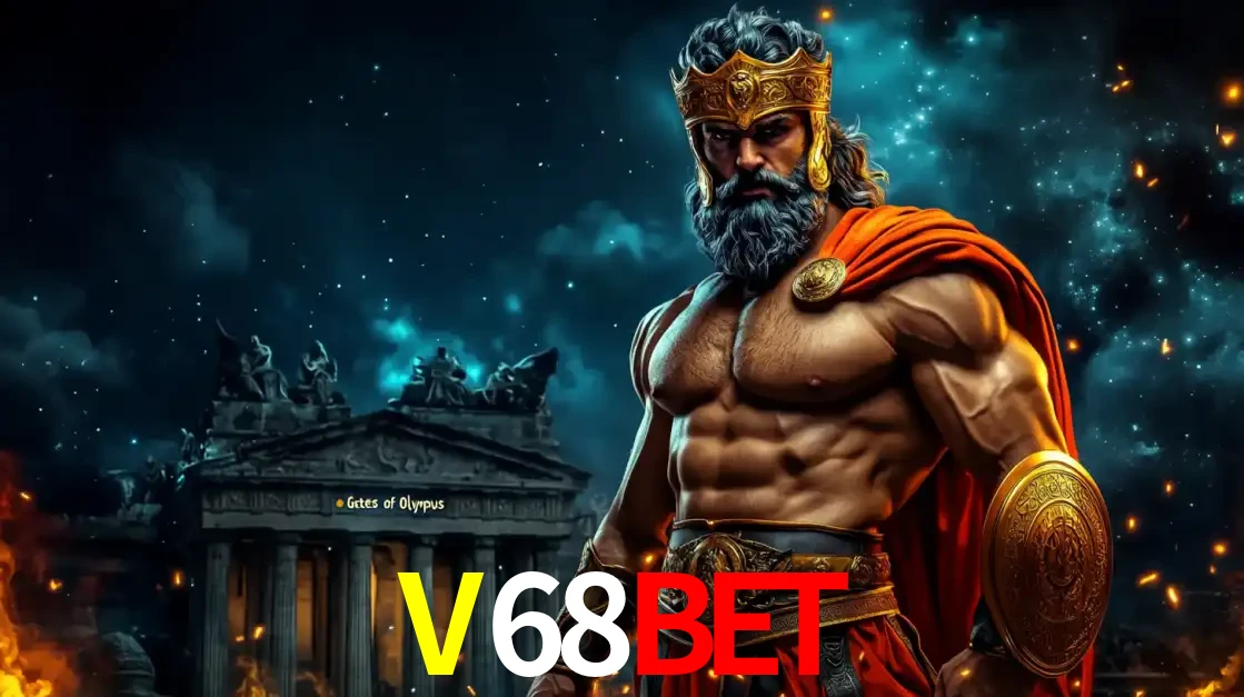 O poderoso Zeus do jogo de slot Gates of Olympus em frente ao seu templo, pronto para lançar multiplicadores divinos e prêmios épicos no cassino online V68BET.