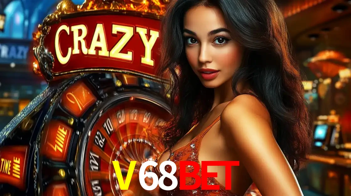 Mulher glamourosa olhando para a câmera com a roda vermelha do Crazy Time ao fundo em um ambiente de cassino, destacando a emoção dos jogos ao vivo no V68BET.