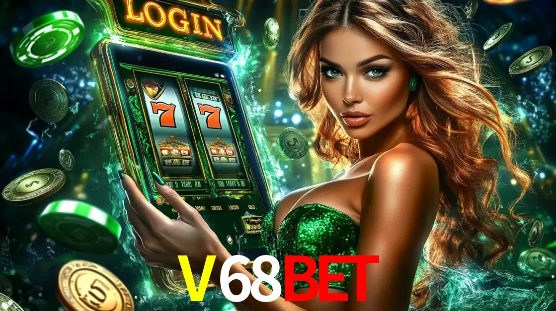 Mulher com tema verde apresentando o aplicativo do cassino V68BET com um jogo de slot de 777, cercada por fichas de cassino e uma aura de sorte.