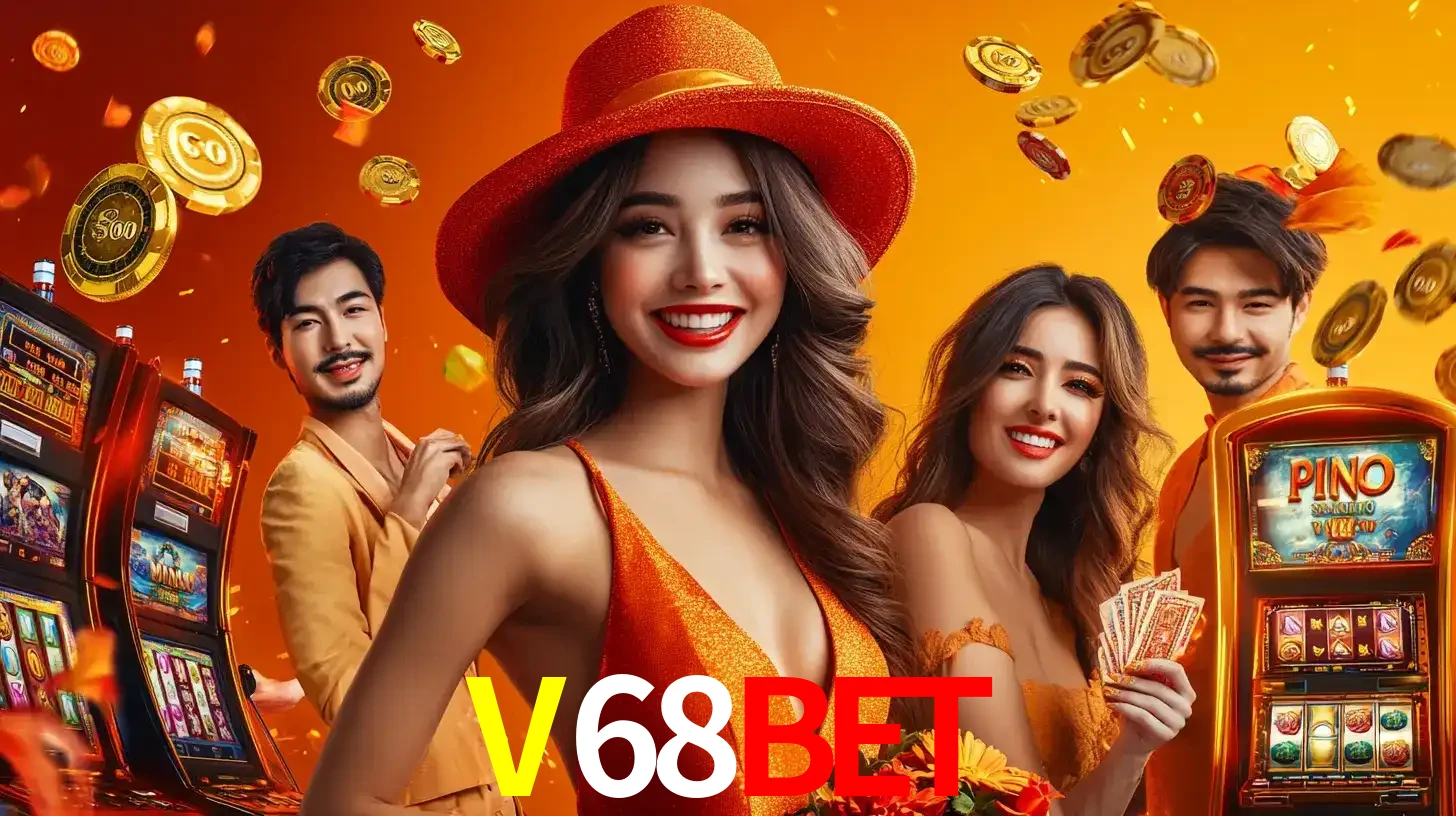 Grupo de amigos asiáticos sorrindo e se divertindo com máquinas de caça-níqueis em um ambiente festivo, celebrando suas vitórias nos jogos de cassino do V68BET.