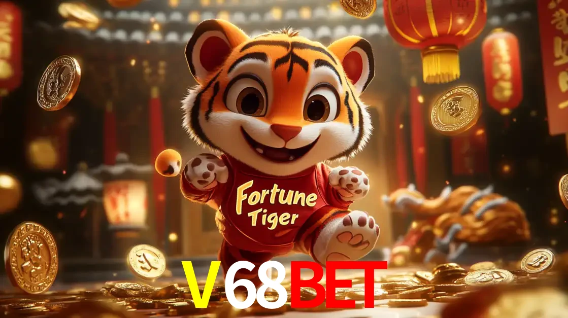 O alegre personagem do Fortune Tiger correndo sobre um caminho de moedas de ouro, simbolizando os grandes prêmios e a diversão do popular jogo de slot do V68BET.