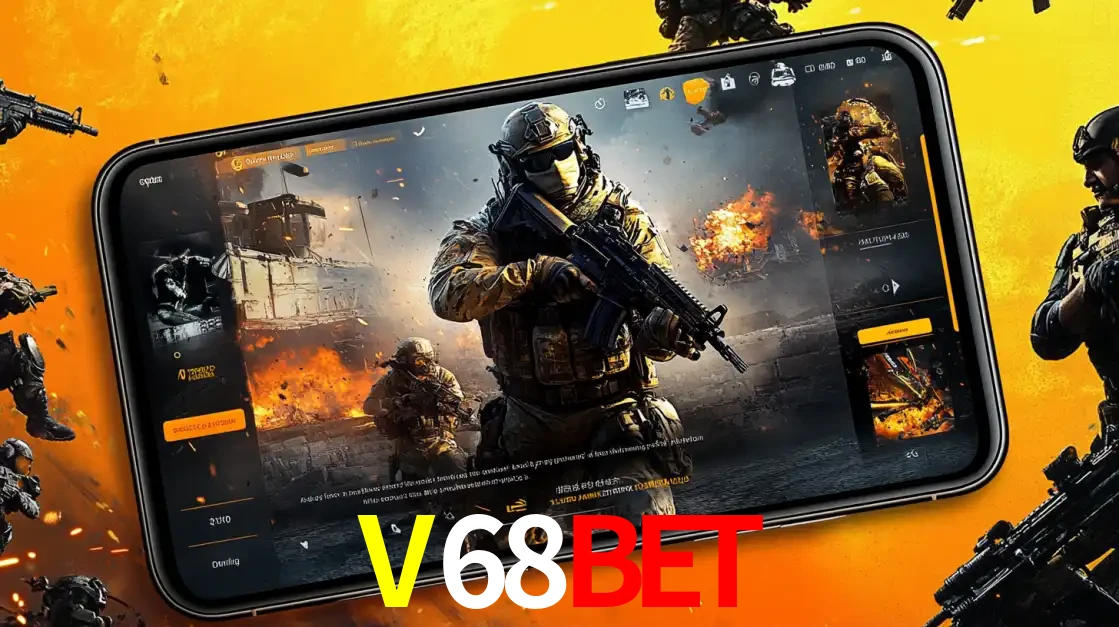 Um smartphone exibindo a interface de um jogo de tiro em primeira pessoa, com um soldado em um cenário de batalha, representando a ação dos e-sports para apostar no V68BET.