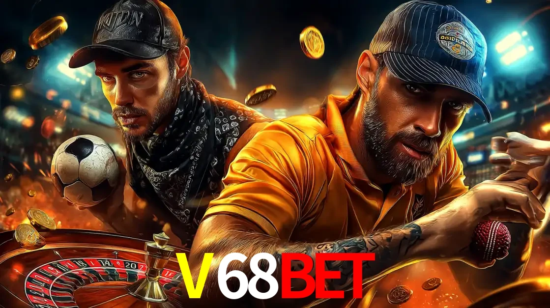 Montagem de apostas esportivas e cassino no V68BET, com um homem segurando uma bola de futebol e outro uma de beisebol sobre uma roleta e moedas voadoras.