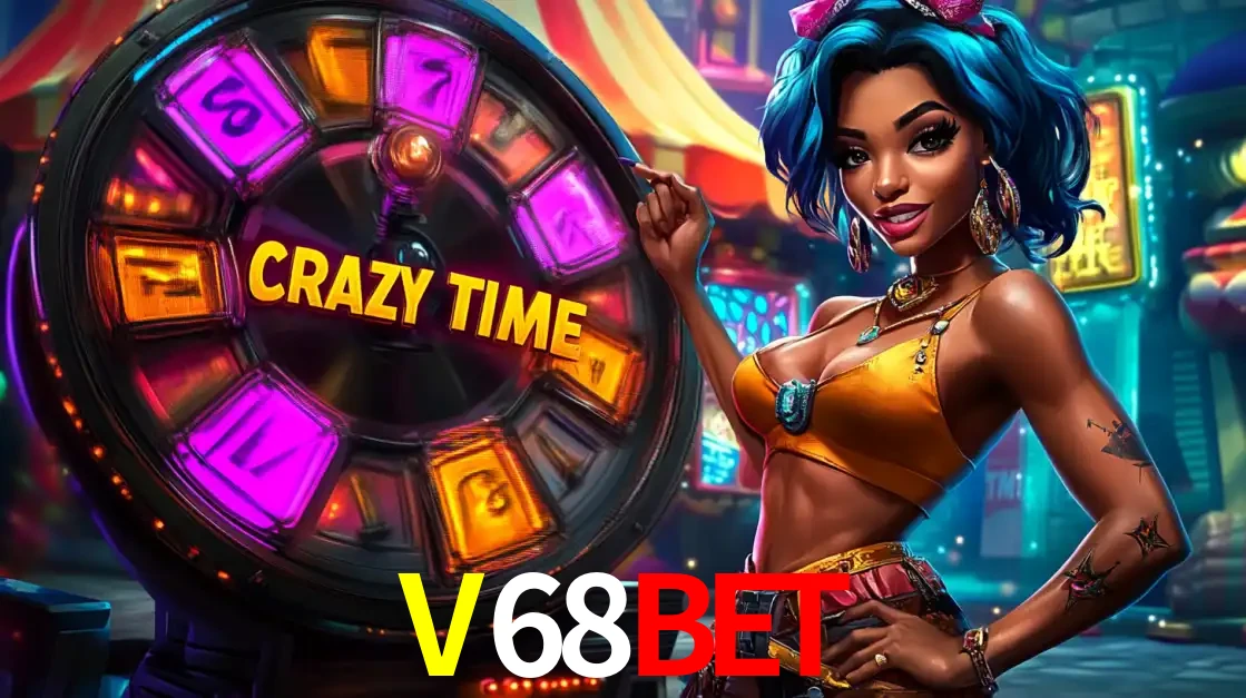 Mulher estilizada com cabelo azul e visual vibrante posando ao lado da roda de prêmios do game show Crazy Time, convidando para a diversão e os bônus do cassino V68BET.