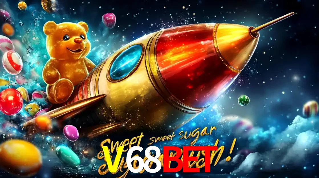 Arte promocional do jogo de slot Sugar Rush, com um urso de pelúcia em um foguete viajando pelo espaço de doces, um dos jogos divertidos disponíveis no cassino V68BET.