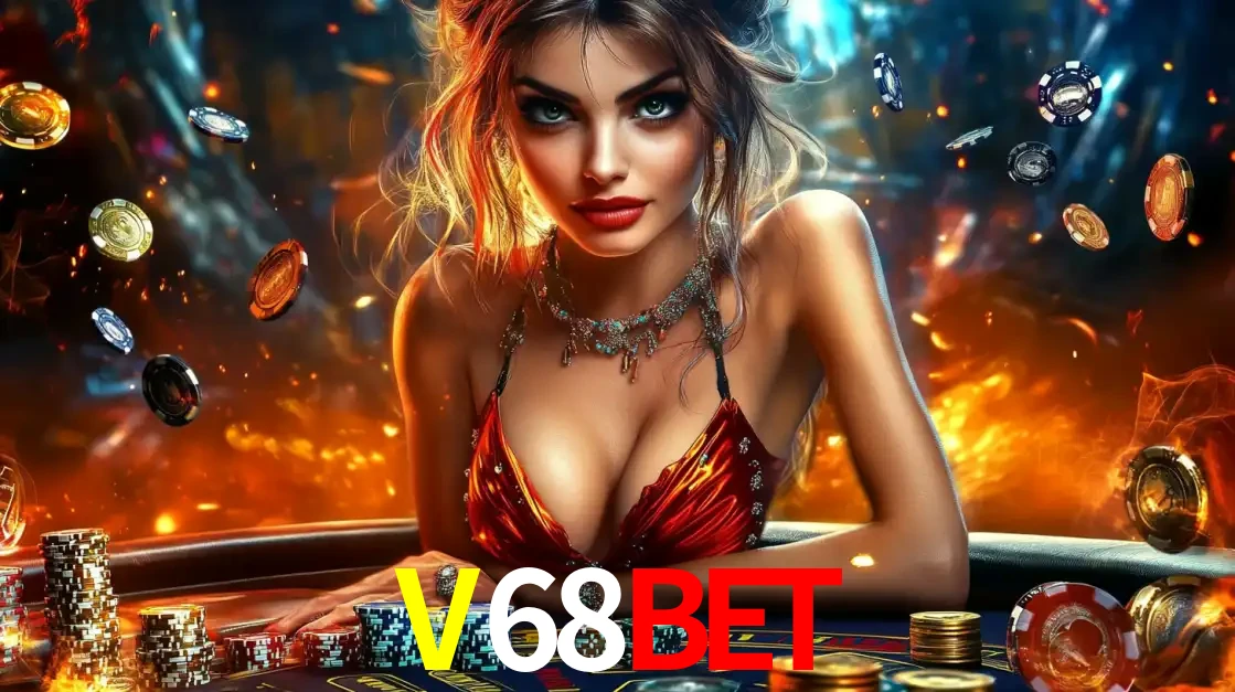 Mulher em uma mesa de cassino com pilhas de fichas e um fundo de fogo, pronta para uma rodada de altas apostas nos jogos de mesa emocionantes do cassino V68BET.