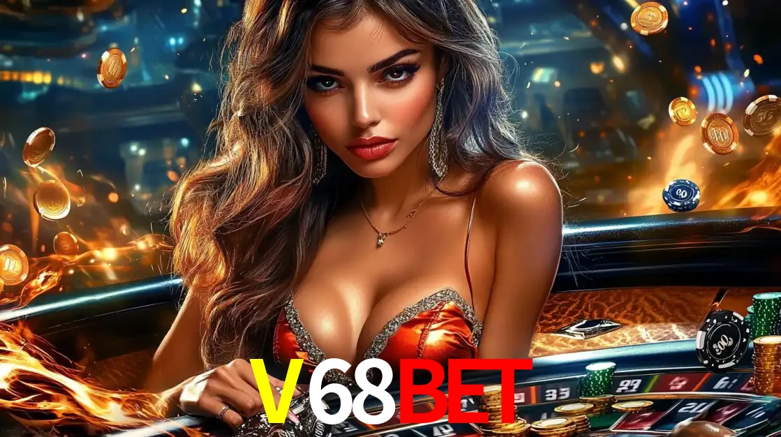 Mulher glamourosa em uma mesa de roleta com um fundo de chamas e moedas voadoras, pronta para fazer sua aposta e ganhar grandes prêmios no cassino ao vivo V68BET.
