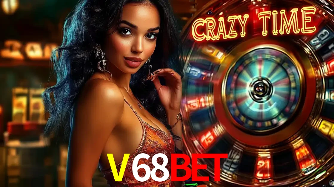 Mulher elegante ao lado da vibrante roda da fortuna do jogo de cassino ao vivo Crazy Time, um dos game shows mais populares e cheios de prêmios do V68BET.
