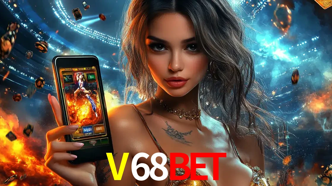 Mulher segurando um celular com um jogo de slot em destaque, tendo como fundo um estádio vibrante, simbolizando a emoção de jogar no cassino móvel V68BET.