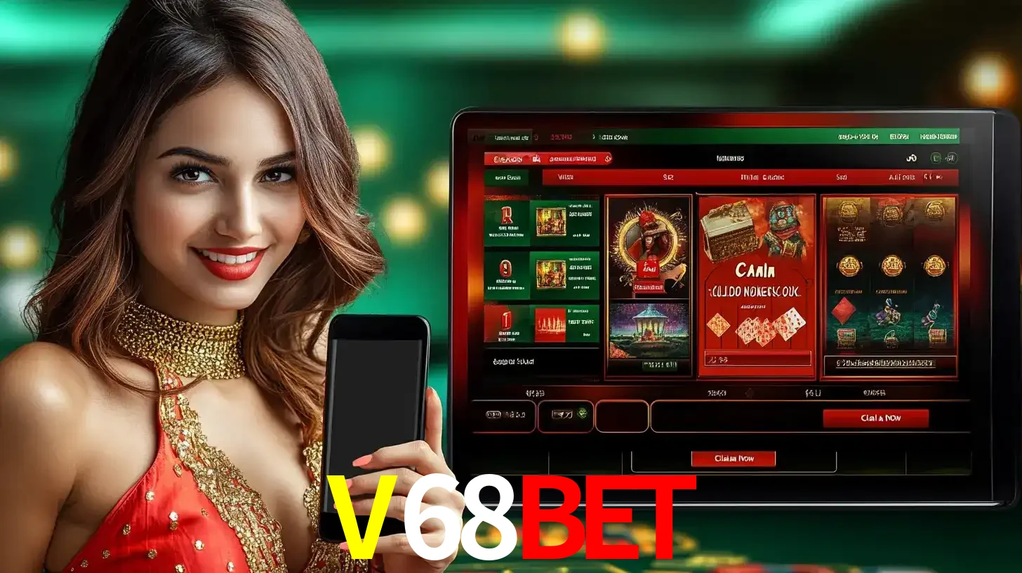 Mulher sorridente segurando um smartphone, ao lado de uma tela exibindo o lobby de jogos do cassino online V68BET, com várias opções de jogos de cartas e slots.